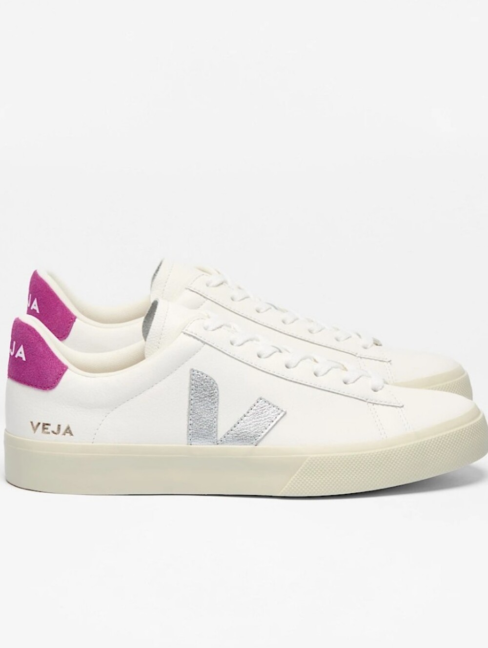 New in box Veja White Campo Sneakers with Silver V and Pink Heel Tab
